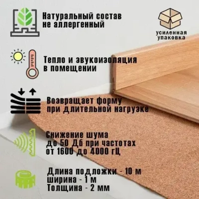 Пробковая подложка 2 мм IBERCORK, Португалия, под ламинат и паркет, рулон 10 кв.м, натуральная тепло- и шумоизоляция