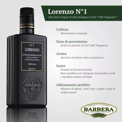 Оливковое масло BARBERA Lorenzo №1 ORGANIC (Bio), D.O.P. "Valli Trapanesi" Extra Virgin. 500 мл, Италия, Сицилия