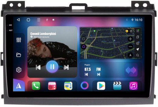 Магнитола для Toyota Land Cruiser Prado 120, Lexus GX470 (экран климата внизу) - FarCar BM456M монитор 9.5" QLED на Android 14, TS10, 4+32Гб, CarPlay, 4G SIM-слот