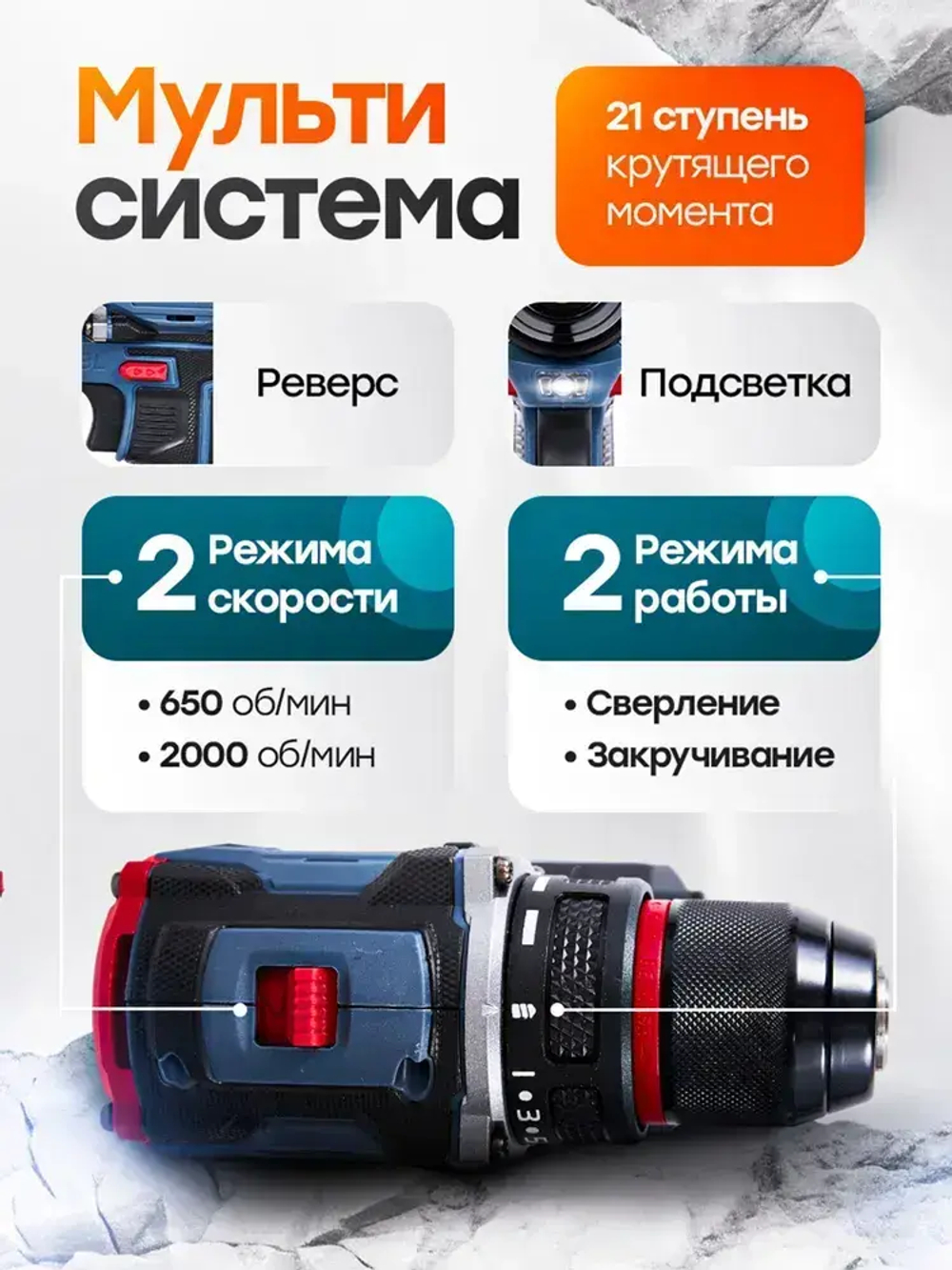 Шуруповерт дрель аккумуляторный бесщеточный 21В, 2 АКБ 4 а/ч, в кейсе, многофункциональный 110 H/M для сверления, закручивания