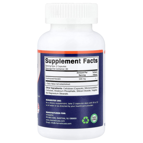 Vitamatic, гидролизованный кератин, 120 растительных капсул (250 мг в 1 капсуле)