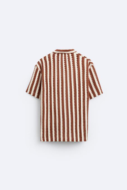 ZARA ПОЛО ИЗ РЕЛЬЕФНОЙ ТКАНИ В ПОЛОСКУ, ЭКРЮ/ГРАНАТОВЫЙ