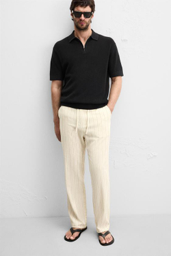 ZARA ЖАККАРДОВЫЕ БРЮКИ В ПОЛОСКУ, ЭКРЮ