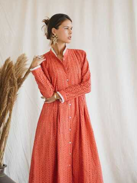 Платье макси из прошвы (коралл)