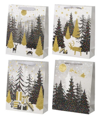 Пакет подарочный "Новогодний лес" цветной с рисунком, с блёстками, 19,5*8*23,5см, в ассорт. (Basir)