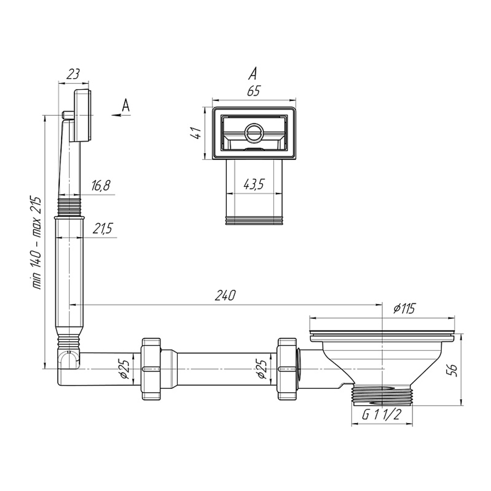 Перелив для мойки Ани Пласт жесткий 3 1/2" с прямоугольным вертикальным корпусом (N305)