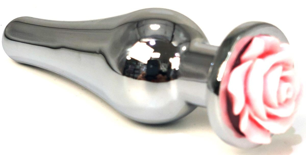 Серебристая удлиненная анальная пробка с розовой розой - 12,5 см. (Цвет: розовый)