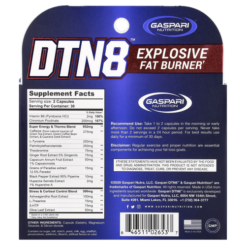Gaspari Nutrition, DTN8, взрывное средство для сжигания жира, 60 капсул