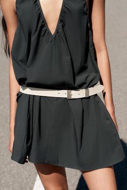 ZARA ОДНОТОННЫЙ РЕМЕНЬ ИЗ 100% КОЖИ С КВАДРАТНОЙ ПРЯЖКОЙ, ЭКРЮ