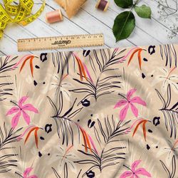 Ткань сатин контурные листья с розовыми