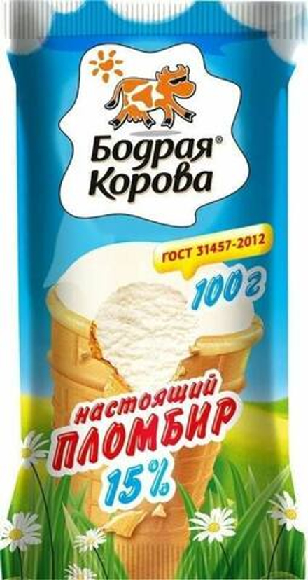 Мороженое настоящий пломбир 15%, Бодрая Корова 100 г.