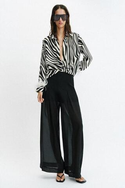 ZARA БРЮКИ ПОЛУПРОЗРАЧНЫЕ ШИРОКИЕ БРЮКИ, ЧЕРНЫЙ