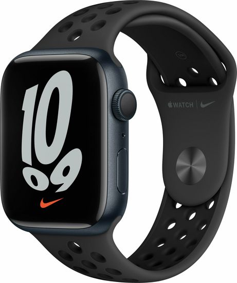 Apple Watch Nike Series 7, 45 мм, корпус из алюминия цвета «тёмная ночь», спортивный ремешок Nike цвета «антрацитовый/чёрный»