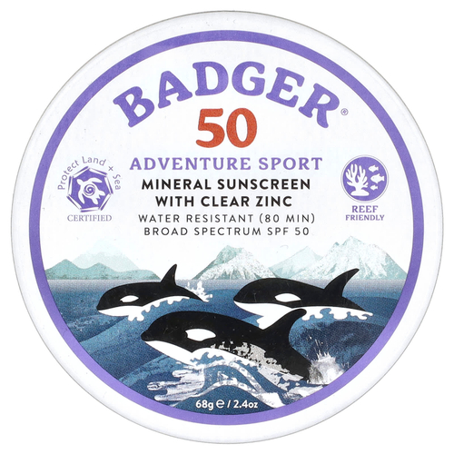 Badger, Adventure Sport, минеральное солнцезащитное средство с прозрачным цинком, SPF 50, без запаха, 68 г (2,4 унции)