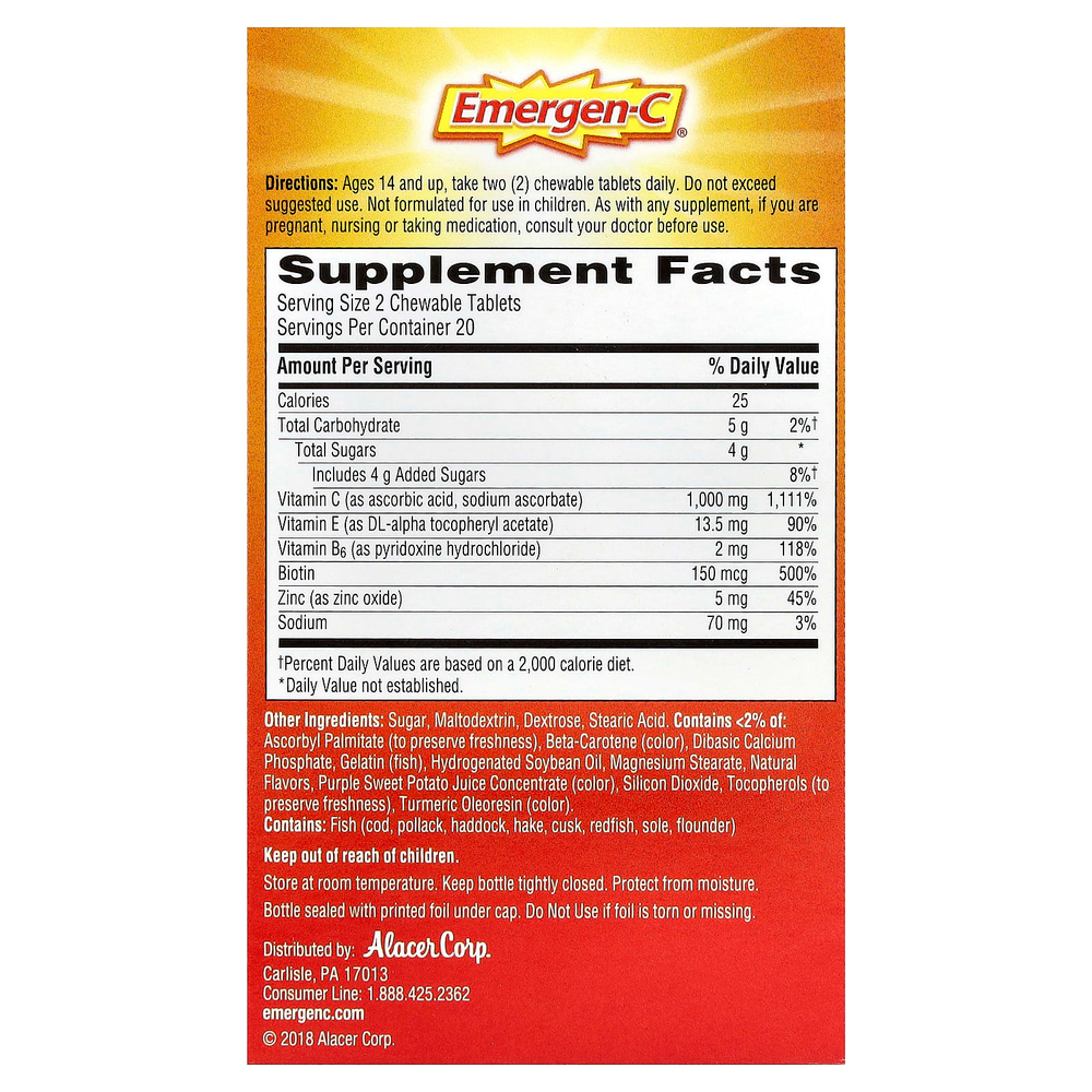 Emergen-C, жевательные таблетки с витамином C, со вкусом апельсина, 40 жевательных таблеток