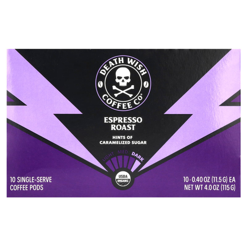 Death Wish Coffee, Порционные кофейные капсулы, обжарка эспрессо, темный, 10 капсул по 11,5 г (0,40 унции)