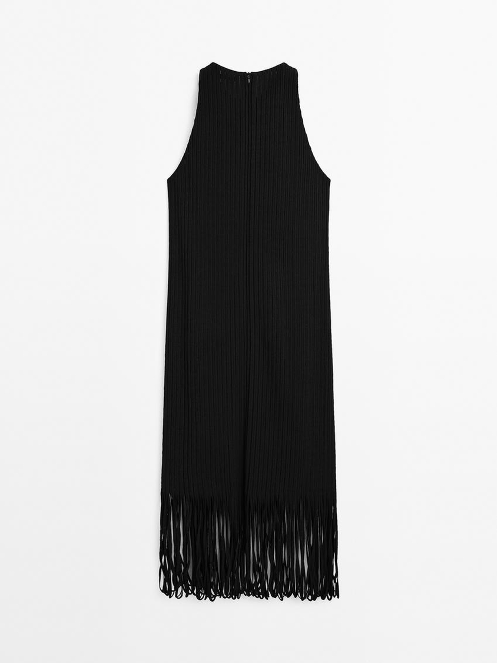 Massimo Dutti Трикотажное платье из рельефной ткани с бахромой по низу, черный