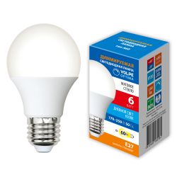 LED-A60-6W-6500K-E27-FR-DIM-SLS Лампа светодиодная. диммируемая. Форма A. матовая. Дневной свет 6500K. ТМ Volpe