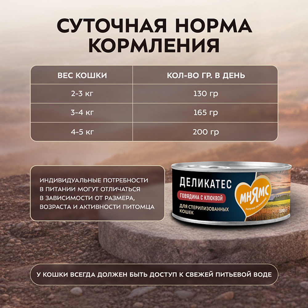 Влажный корм консервы для стерилизованных кошек Деликатес "Паштет по-шведски" говядина с клюквой Мнямс 0,1кг 16 шт