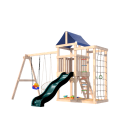 Детская площадка неокрашенная с сеткой стенкой для лазания, качелями 3 в 1 и плетенным креслом