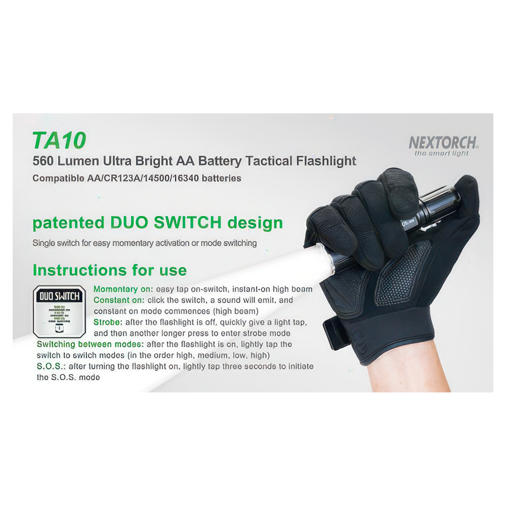 Тактический фонарь Nextorch TA10 — шесть режимов работы, включая стробоскоп и SOS, удобное переключение полу-нажатием кнопки