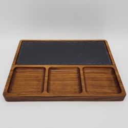 Менажница "Нова" прямоугольная; дуб; 4 секций; вставка из натурального сланца; H=25,L=320,B=240мм