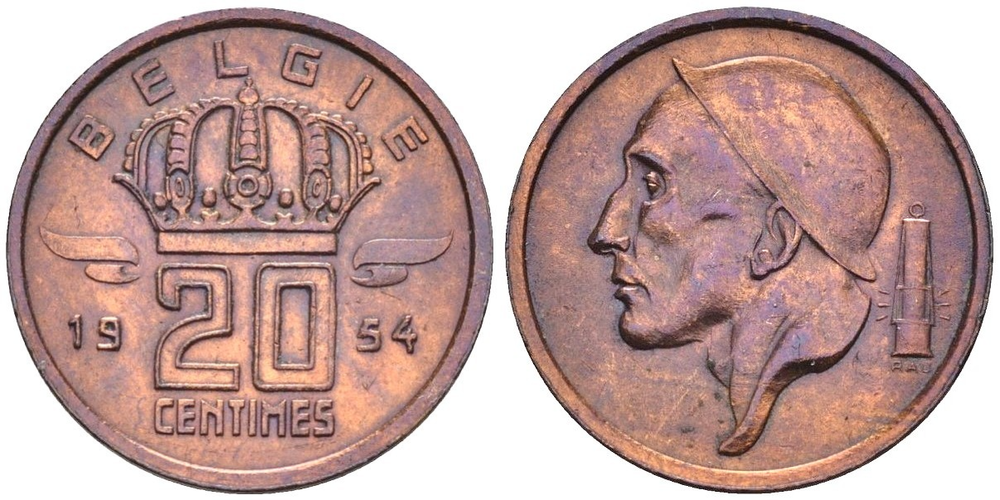 Бельгия 20 сантимов, 1954 - 1960 BELGIE XF