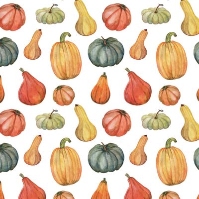 Бесшовный фон из спелых тыкв. Illustration of vegetables are drawn by hand in watercolor.