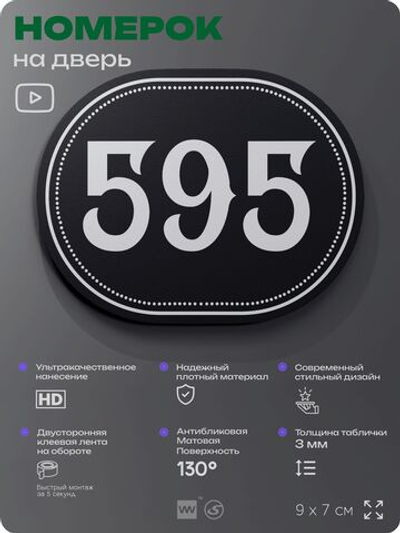 Номерок на дверь квартиры 595, для кабинета, офиса, шильдик 9 х 7 см, черный, Айдентика Технолоджи