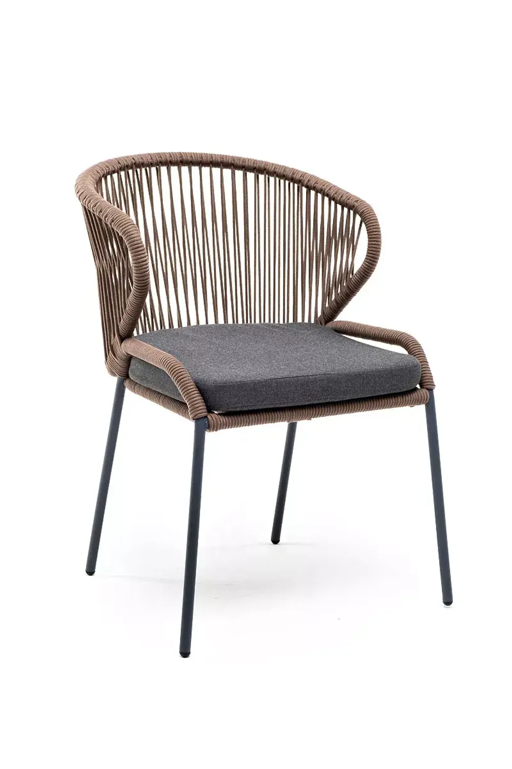 "Милан" стул плетеный из роупа, каркас алюминий серый (RAL7022) муар, роуп коричневый круглый, ткань темно-серая 027