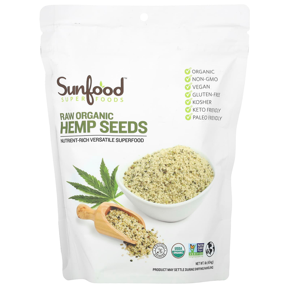 Sunfood, Superfoods, необработанные органические семена конопли, 454 г (1 фунт)