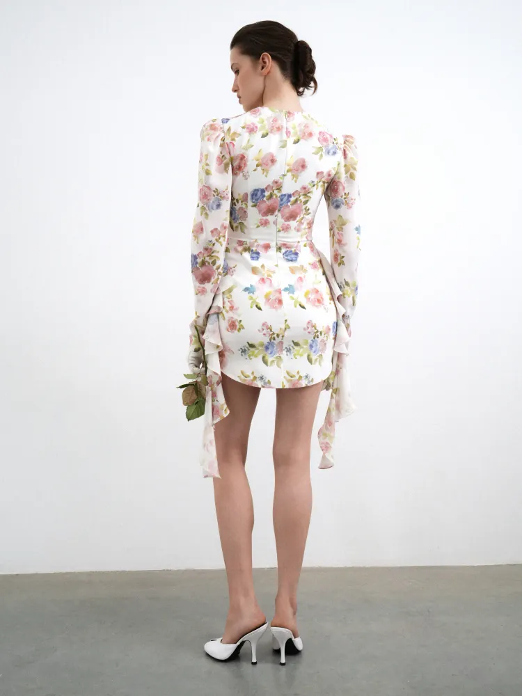 Мэйси мини (Macy mini), платье мини из молочного крепдешина с цветочным принтом