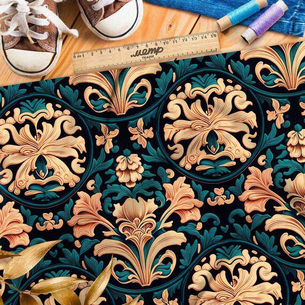 Ткань премиум Оксфорд 600D золотой орнамент на зеленом