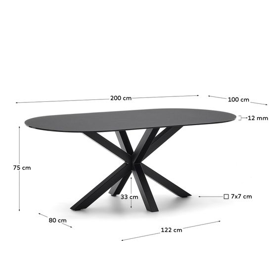 Стол Argo с черным стеклом и черными стальными ножками Ø 200 x 100 см