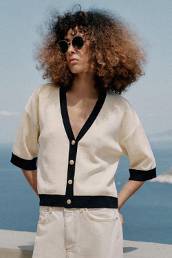 ZARA ВЯЗАНЫЙ ЖАКЕТ С КОНТРАСТНОЙ ОТДЕЛКОЙ, ЭКРЮ