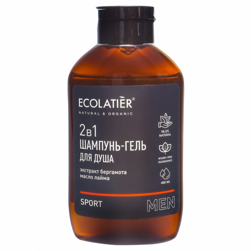 ECOLATIER Men Шампунь и гель для душа 2в1 Sport Экстракт бергамота и масло лайма 400 мл (70840)