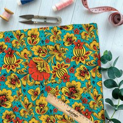 Ткань муслин хохлома из маков и кактусов на бирюзовом фоне