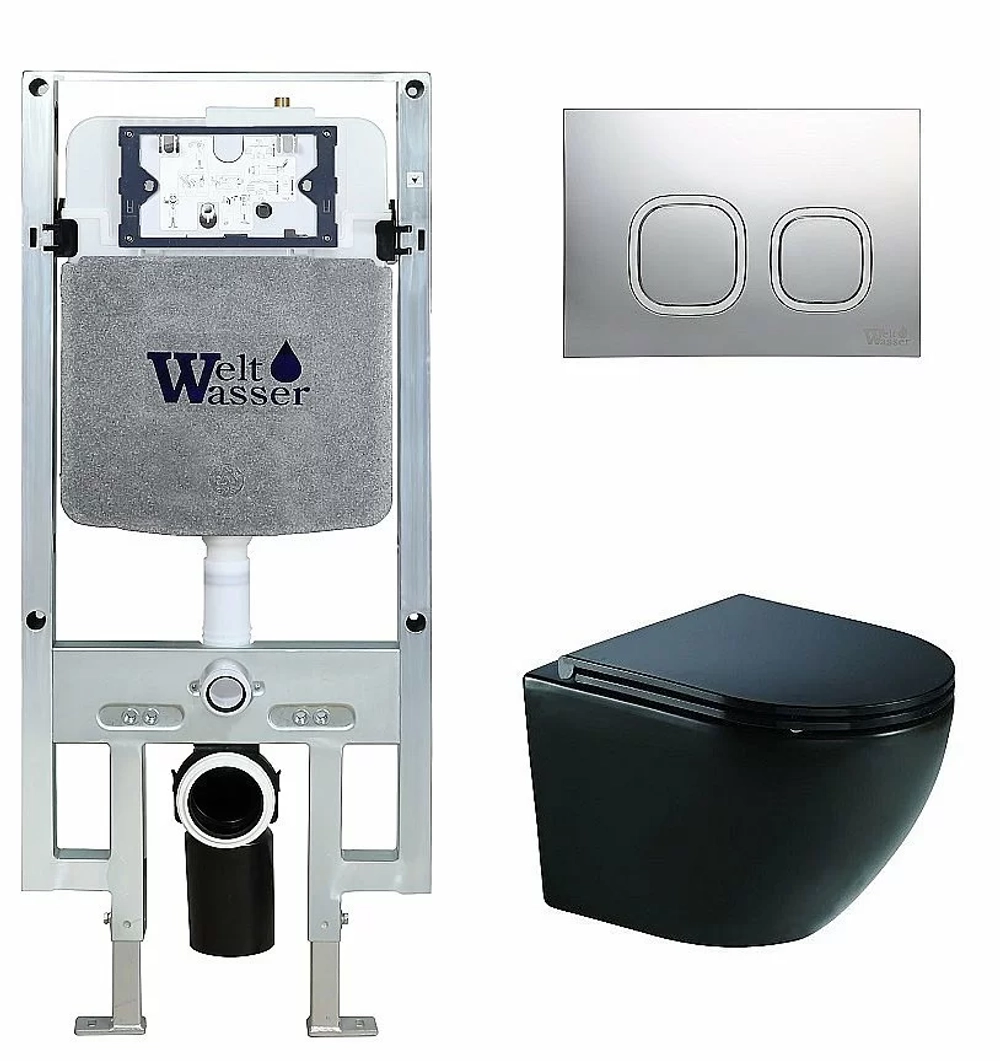 Унитаз подвесной WeltWasser AMBERG 497 ST+MERZBACH 041 XL MT-BL+AMBERG RD-CR черный матовый, безободковый, с крышкой микролифт, слив-торнадо, с инсталляцией и кнопкой хром глянцевый