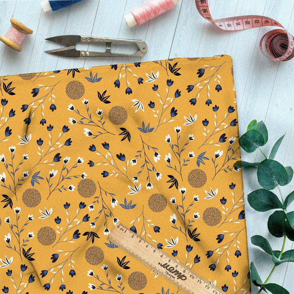 Ткань оксфорд 210 полевые цветы и одуванчики на жёлтом фоне