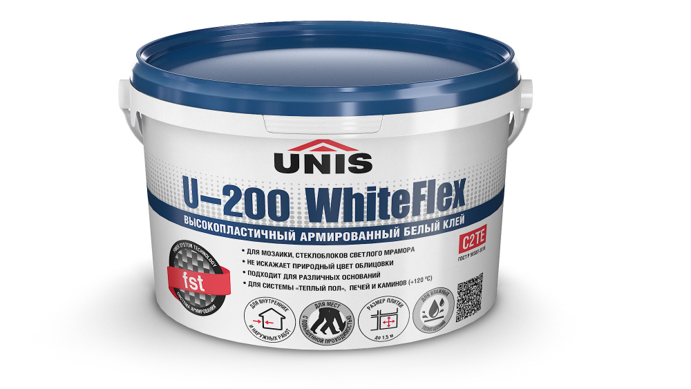 Клей UNIS U-200 WHITEFLEX С2ТЕ для керамогранита крупного формата белый 5 кг ведро