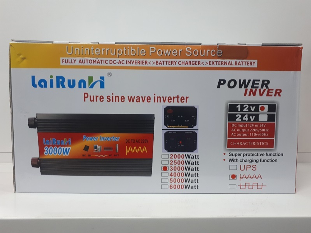 Инвертор напряжения LaiRun 12-220V 3000W (12 вольт) с чистым синусом