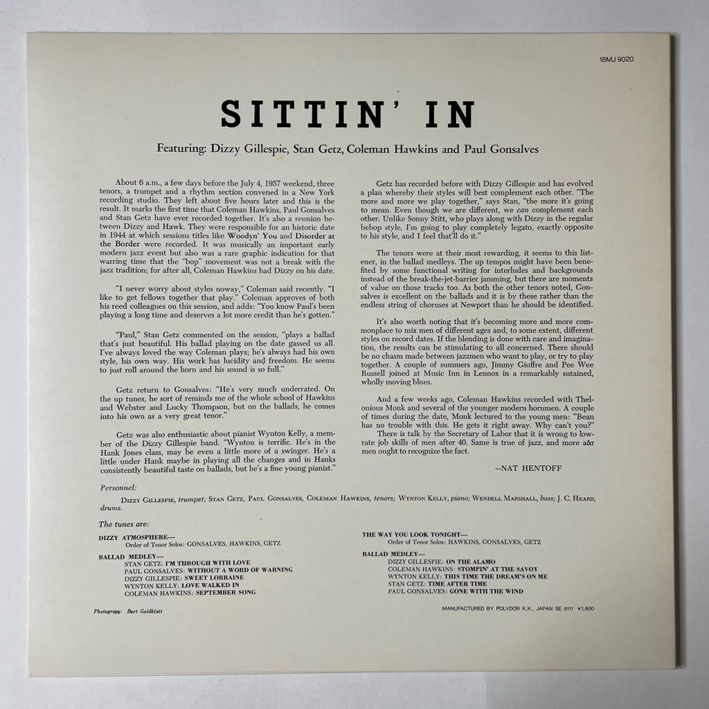 Винтажная виниловая пластинка LP Stan Getz, Dizzy Gillespie, Coleman Hawkins, Paul Gonsalves, Wynton Kelly, J.C. Heard, Wendell Marshall Sittin In (Japan 1981(No Obi)