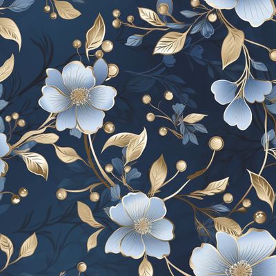 Золотые цветы и листья на синем фоне