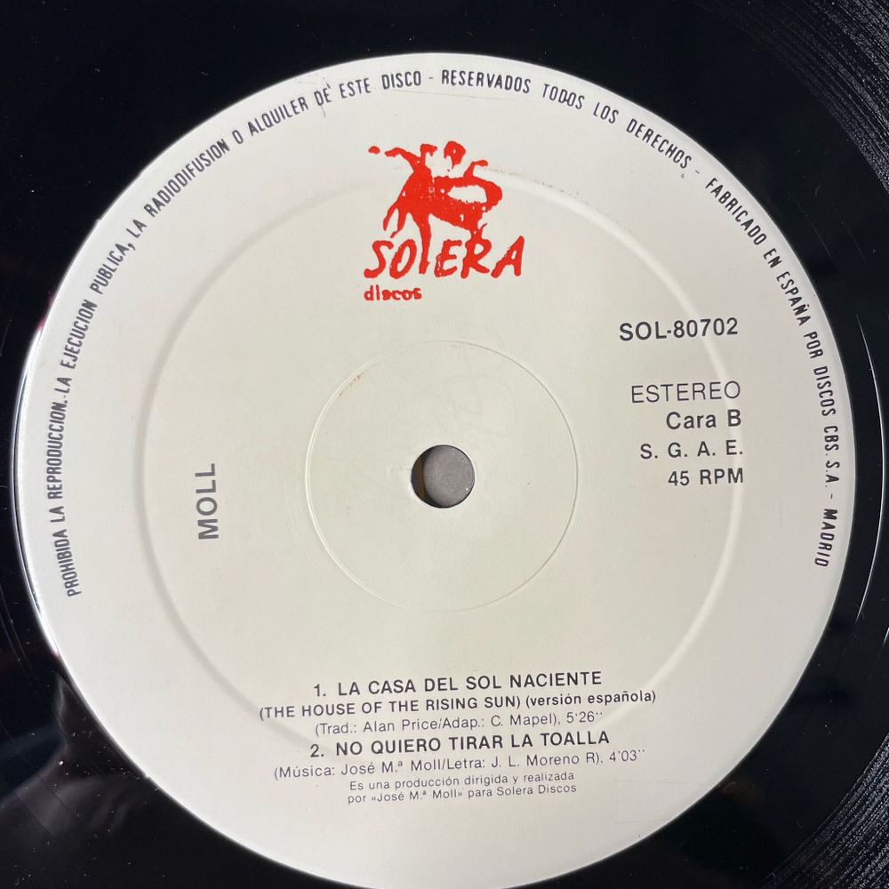 Винтажная виниловая пластинка LP Moll The House Of The Rising Sun (Spain 1988) 45 RPM, Maxi-Single