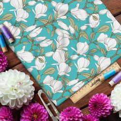 Ткань поплин белые бутоны на бирюзовом фоне