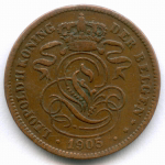 2 сантима 1905 год. Бельгия (Леопольд II). Надпись на голландском - DER BELGEN. Медь, диаметр 21.5 мм. VF-XF
