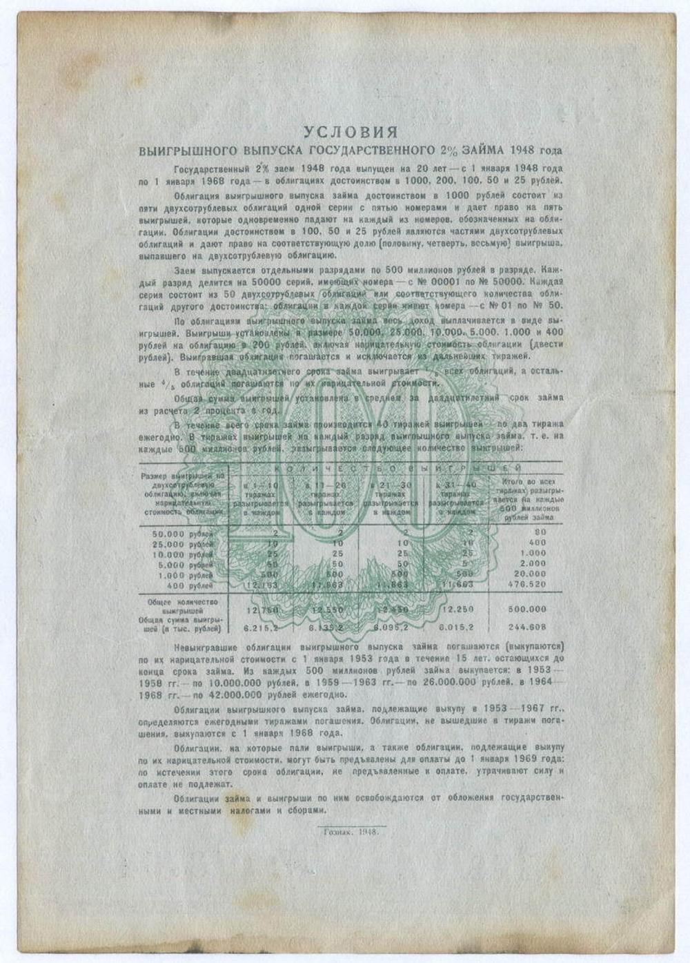 Облигация 100 рублей 1948 год. 2% заем - выигрышный выпуск. Серия № 018754. VF
