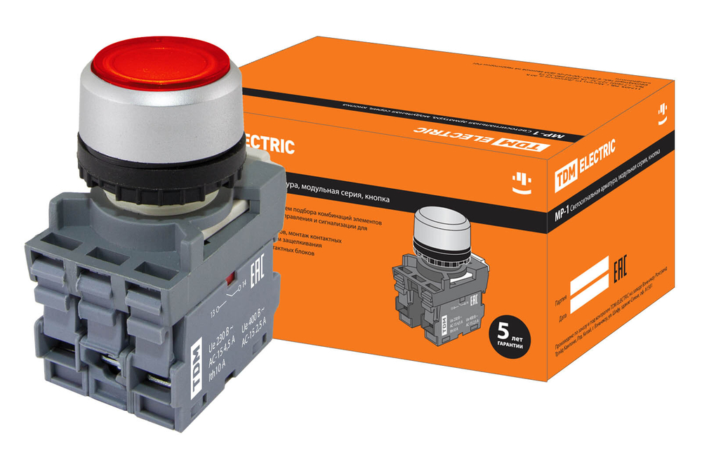 Кнопка MP1-21R(LED) в сборе d22мм/220В 1з+1р красная TDM (ЕС) SQ0747-0013