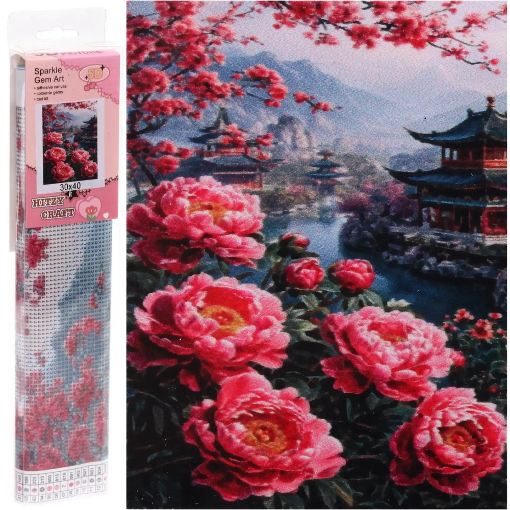 Алмазная мозаика в рулоне 30*40см полная выкладка «DIAMOND», Пионы и пейзаж