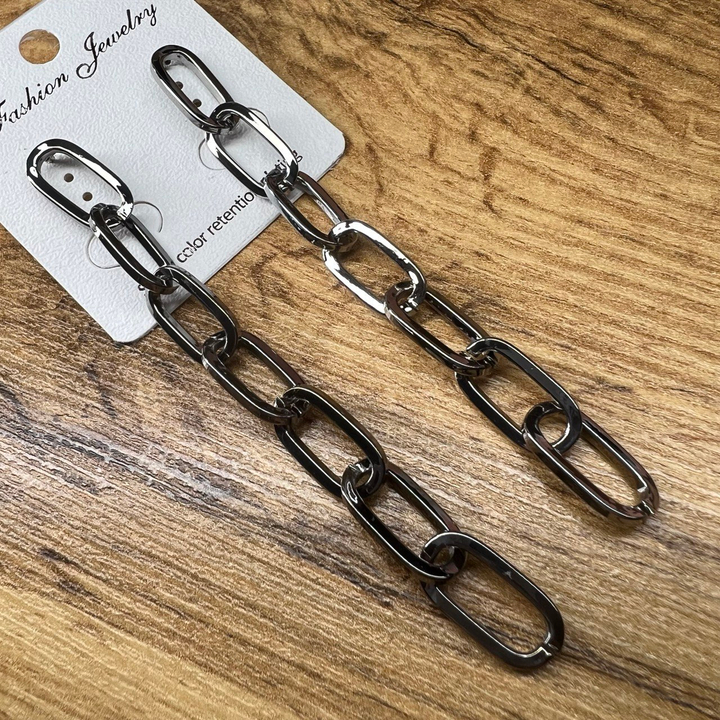 Серьги "Цепи" 7 звеньев плетение якорное овал плоский тонкий металл графитовый 9,5 см
